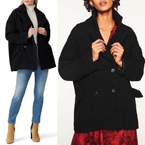 BA&SH‎ Wool Alpaca Double Breasted Black Faux Fur Sherpa Fleece Teddy Pea Coat S